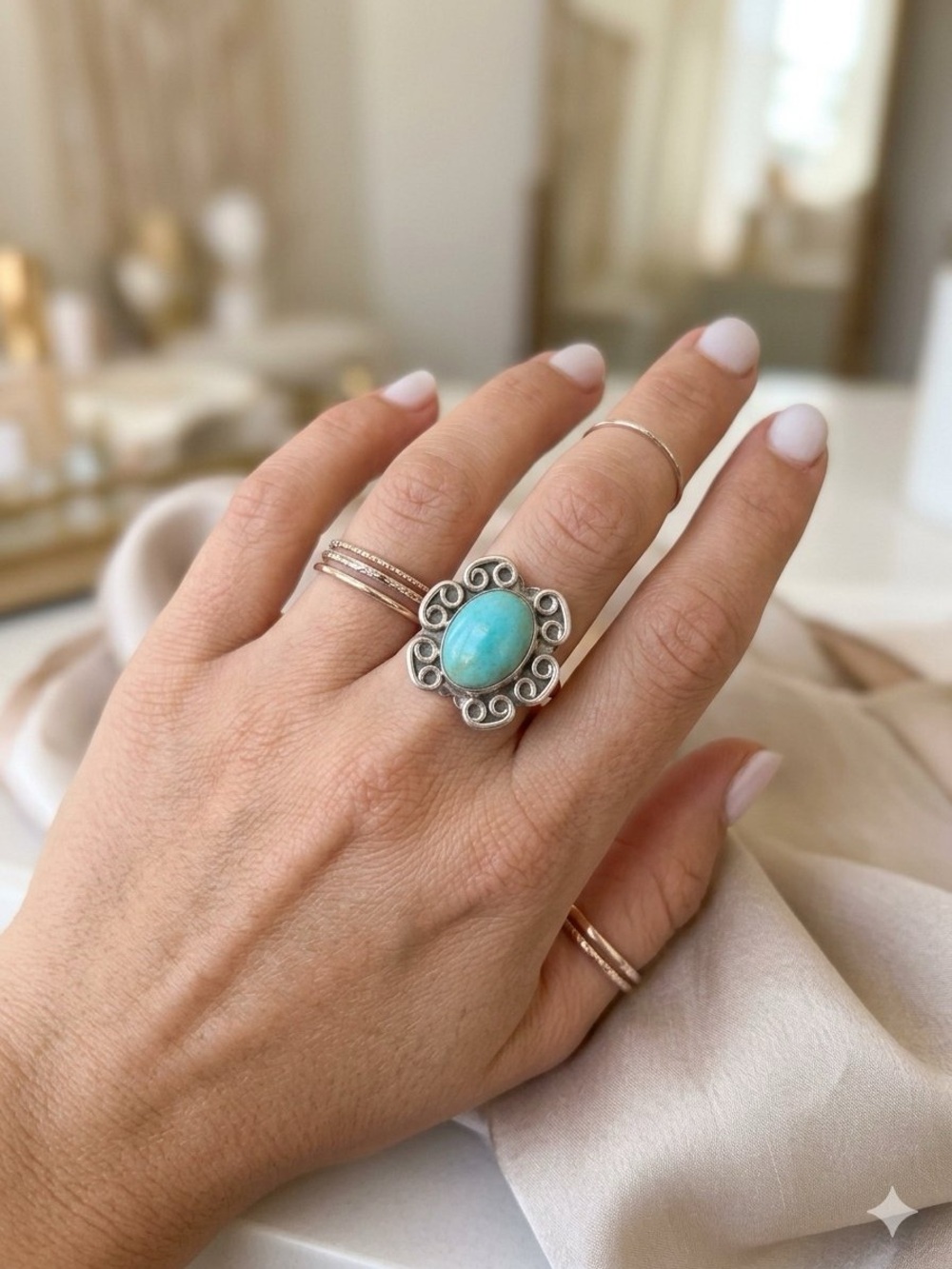 Vintage 925 Sterling Silver Turquoise Scalloped Swirl Statement Ring Size 7